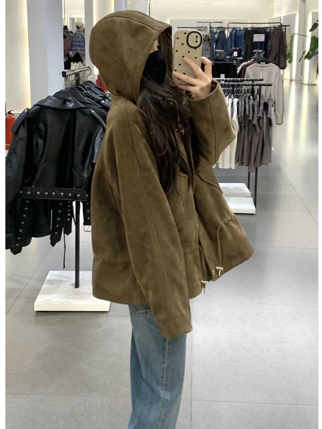 Chic couleur kaki Biker ort Jaet femmes coupe ample décontracté Sle manteau avec capuche taille intérieure daim matériel automne vêtements d'extérieur