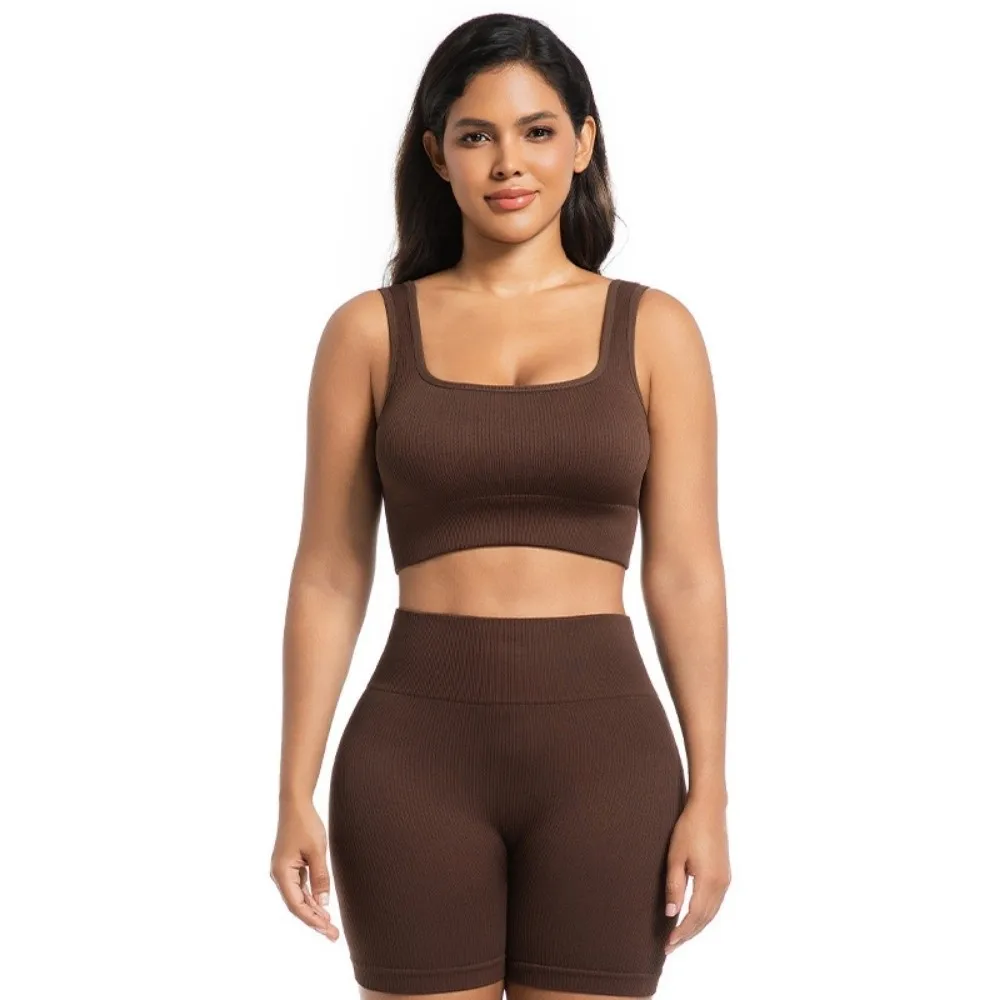 2pcs High Waist Design Ribbed Crop Tank Pull-On Style Stretchy Material High Waist Yoga Shorts Women Workout Sets Gym Workout