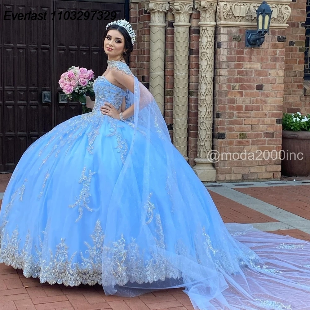 

EVLAST Mexican Blue Quinceanera Dress Ball Gown Shiny Lace Applique Beading With Cape Corset Sweet 16 Vestido De 15 Anos TQD933