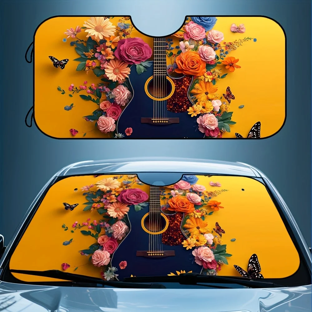

1 шт., солнцезащитный козырек на лобовое стекло с цветочной гитарой и акустическим художественным принтом для автомобиля, складной солнцезащитный козырек, сохраняет автомобиль прохладу, длинный три