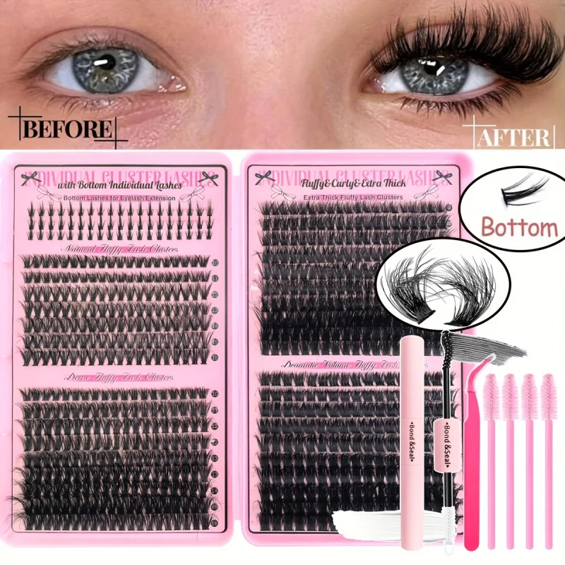 Zestaw do samodzielnego przedłużania rzęs, pojedyncze puszyste kępki rzęs z klejem i pęsetą, mieszane rzęsy dolne 40D/60D/80D/100D