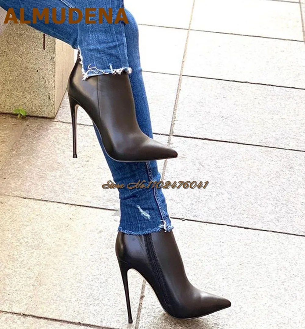 

ALMUDENA Nude Black Burgundy Stiletto Heels Ankle Boots Top Quality Matte Leather Pointy Toe Dress Shoe Gladiator Boots