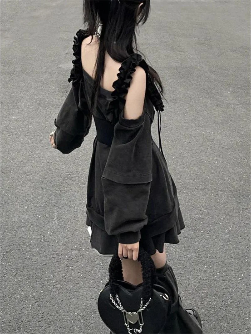 Japanese Gothic Harajuku Strapless Top Women Punk Loose E Girl Wooden Ear Sling T-shirt Y2K Grunge Tops 2024 New Summer