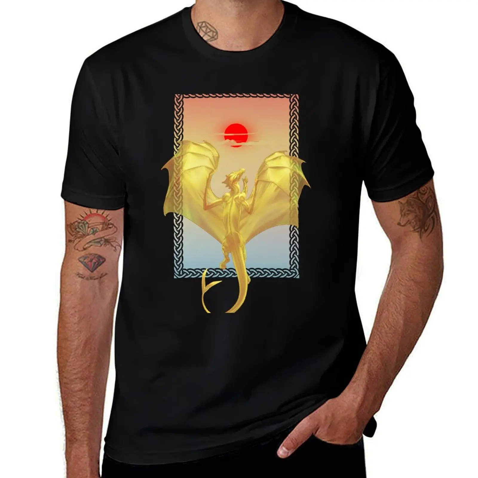 Sunset and a Golden Dragon with a celtic knotwork frame T-Shirt graphic t shirts for man T-Shirt