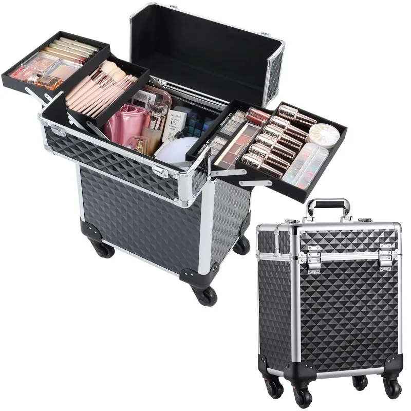 

Portable 4-in-1 large-capacity cosmetic trolley waterproof rolling box