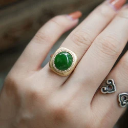 Vintage style Ancient gold wire drawing crafts Natural Jade Chalcedony Green Rings for Women Luxury Fashion Wedding Jewelry
