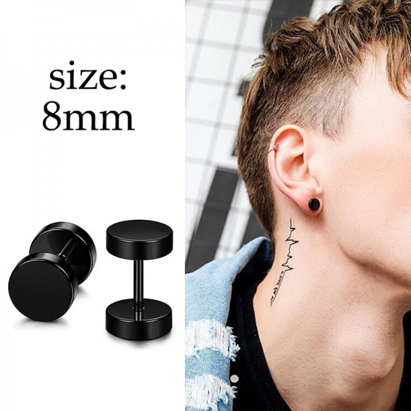 5 Pairs Unisex Punk Stylish Black Stainless Steel Round Barbell Stud Earrings Set for Men Women Everyday Wear Size 4/6/8/10/12mm