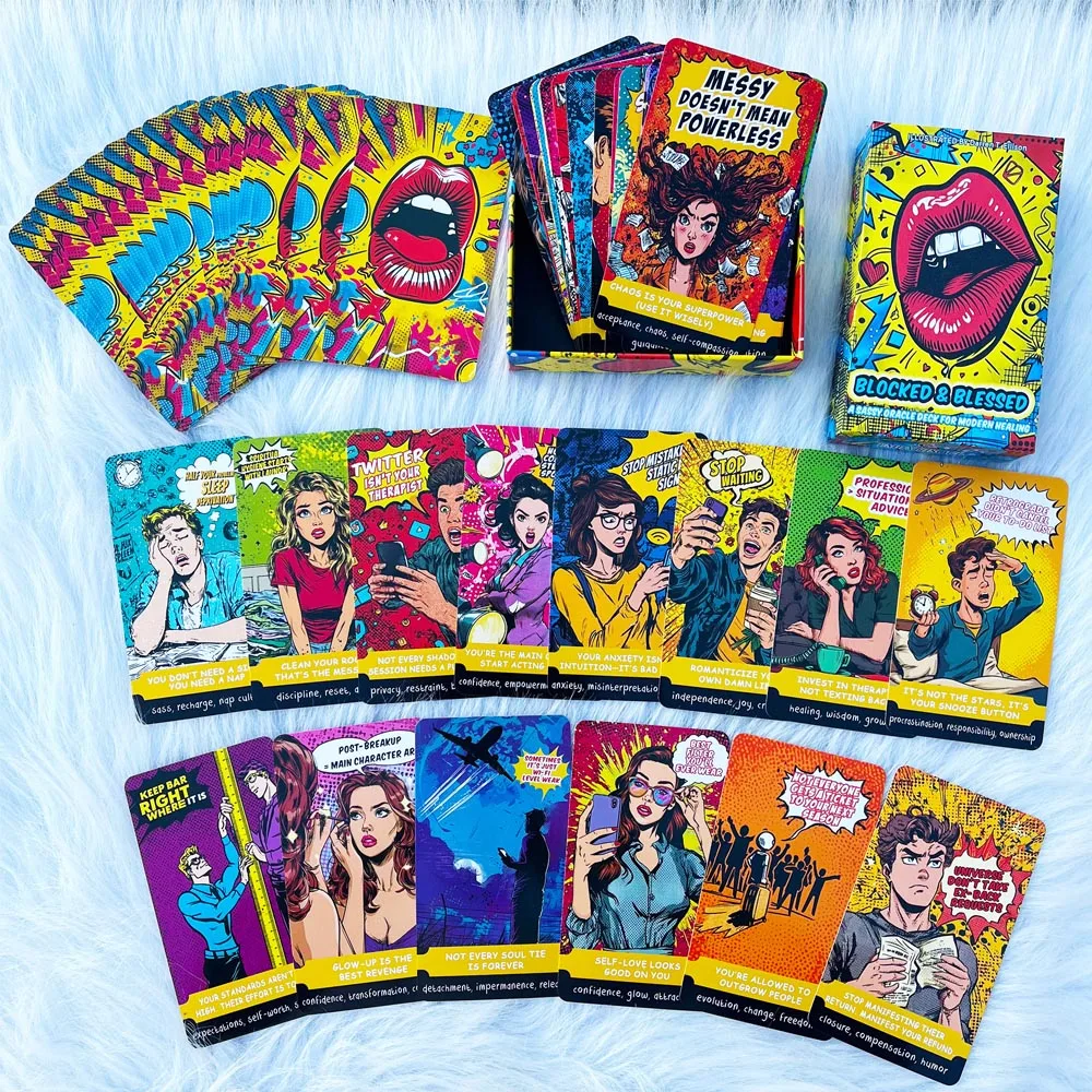Baralho de 54 cartas, tamanho 13x8cm, BLOCADO e BLESSED, um decalque SASSY ORACLE para jogos de cartas de cura modernos