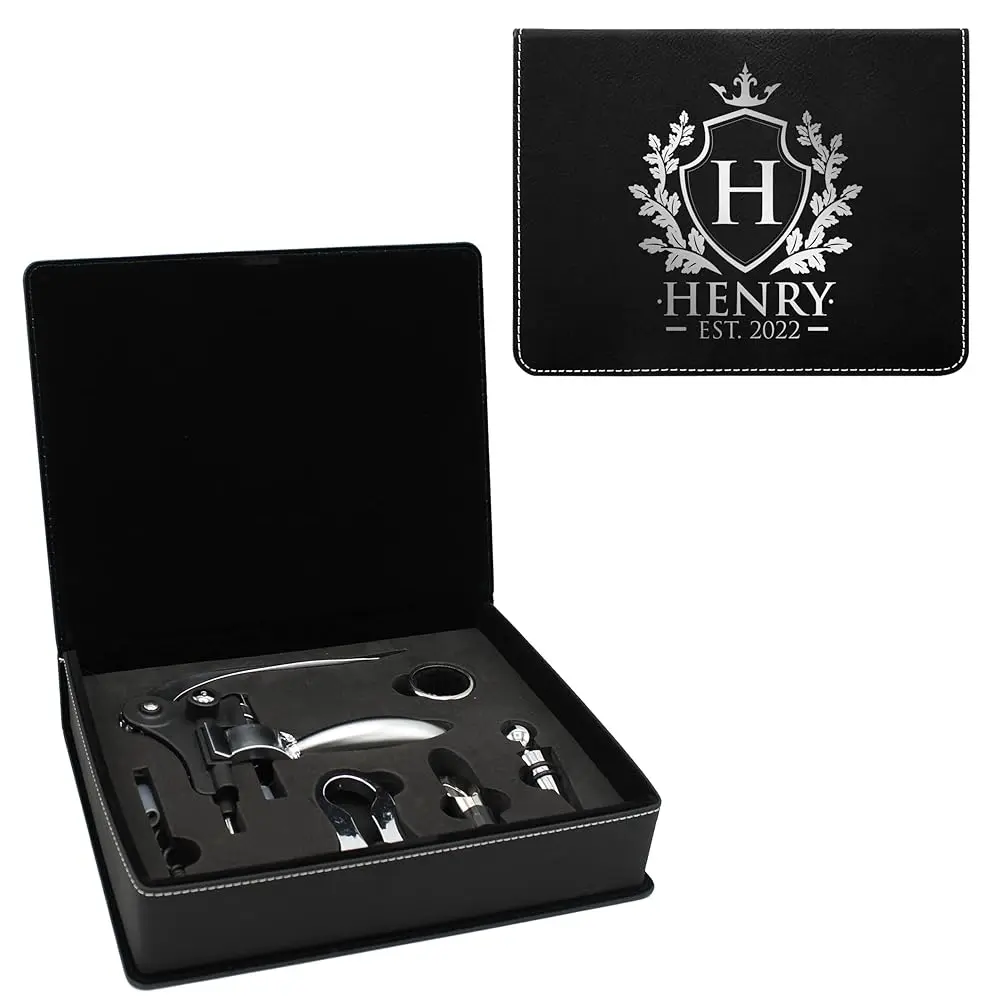 

Custom Engraved 5 Piece Wine Tool Opener Accessories Box Set - Customized Wine Lovers For Anniversary, Weddings, And More (Bla
