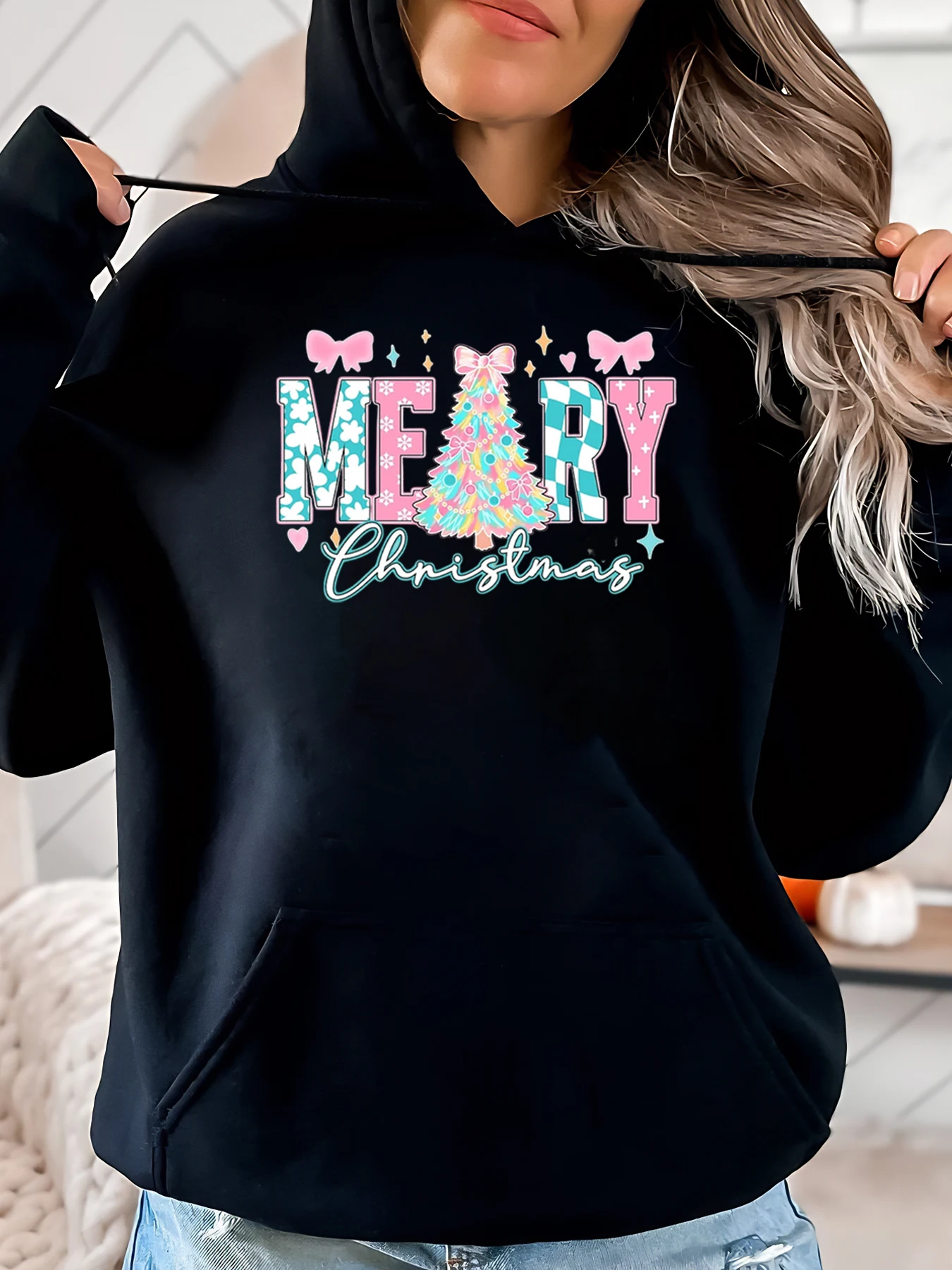 

Толстовка с принтом рождественской елки, женская праздничная вечеринка, повседневная одежда, черная, больших размеров