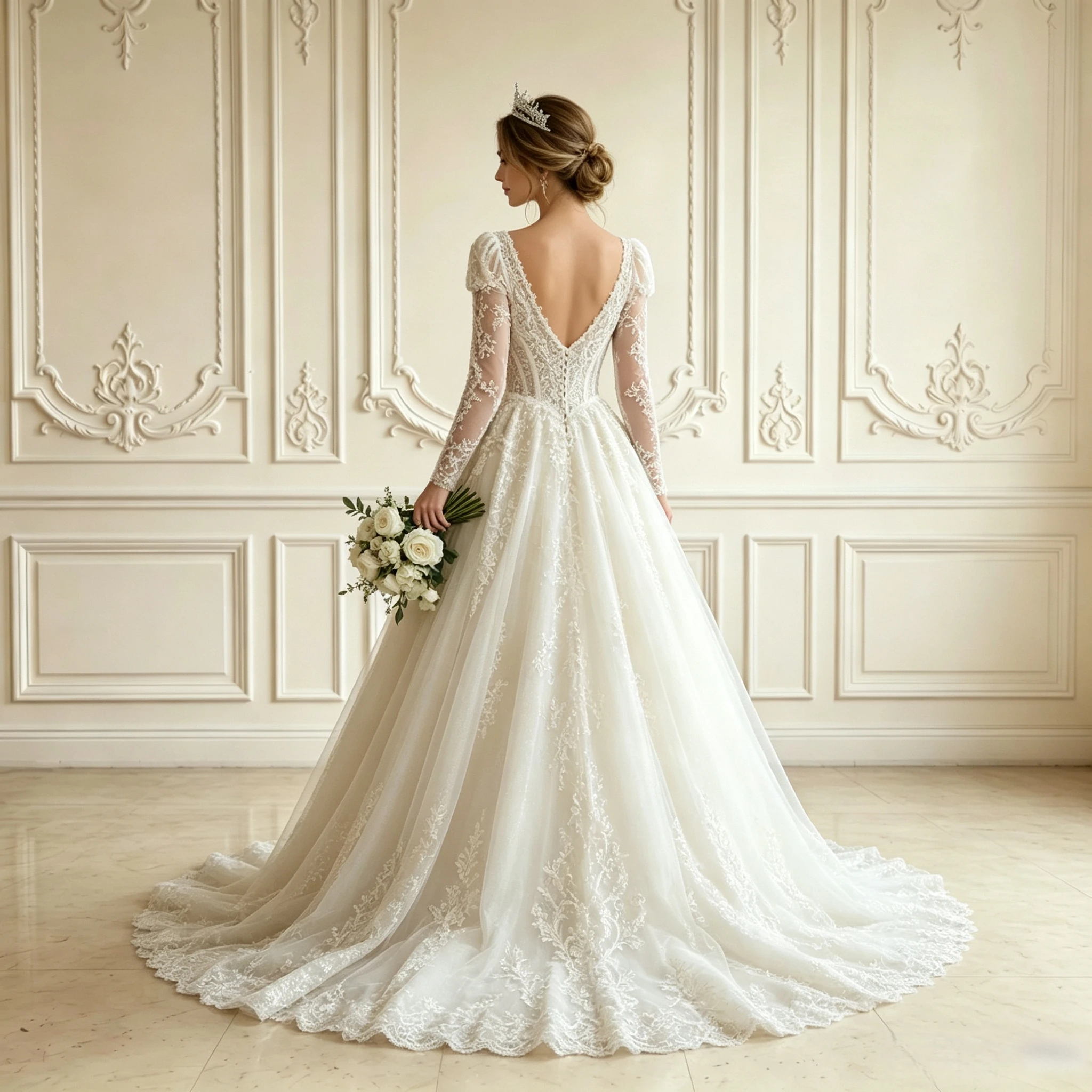 Puff Long Sleeve Deep V Ball Gown Wedding Dress Floral Lace Tulle Zipper Back Scalloped Lace Chapel Train Romantic Bridal Gown