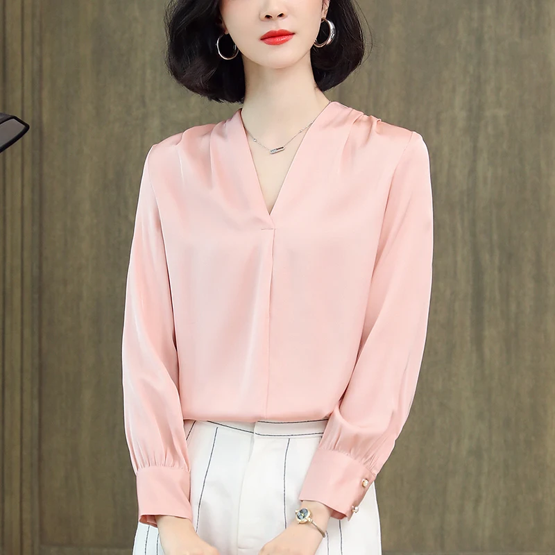

Новые женские блузки из натурального шелка: элегантные модные рубашки с длинным рукавом и V-образным вырезом для весны и осени, однотонные женские блузы