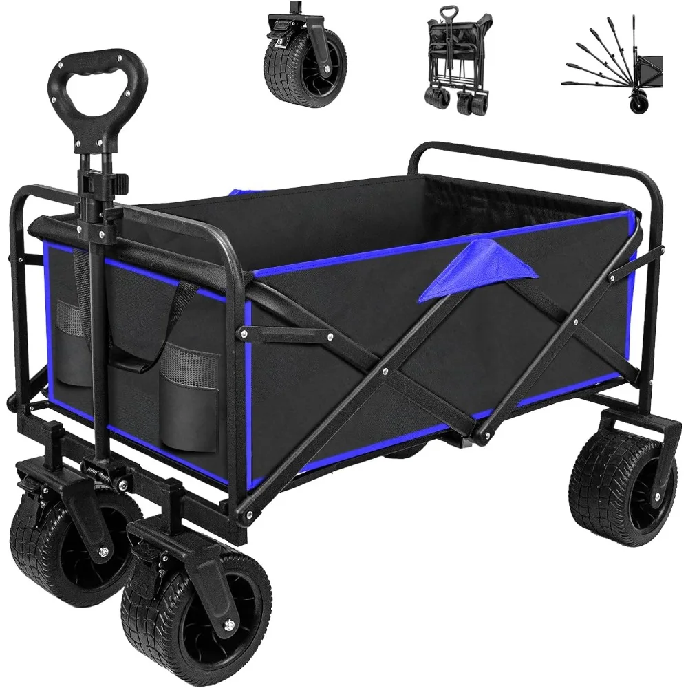 

SZHLUX Collapsible Foldable Wagon,Beach Wagon with Big Wheels for Sand,Utility Grocery Wagon with Side Pocket and Brakes