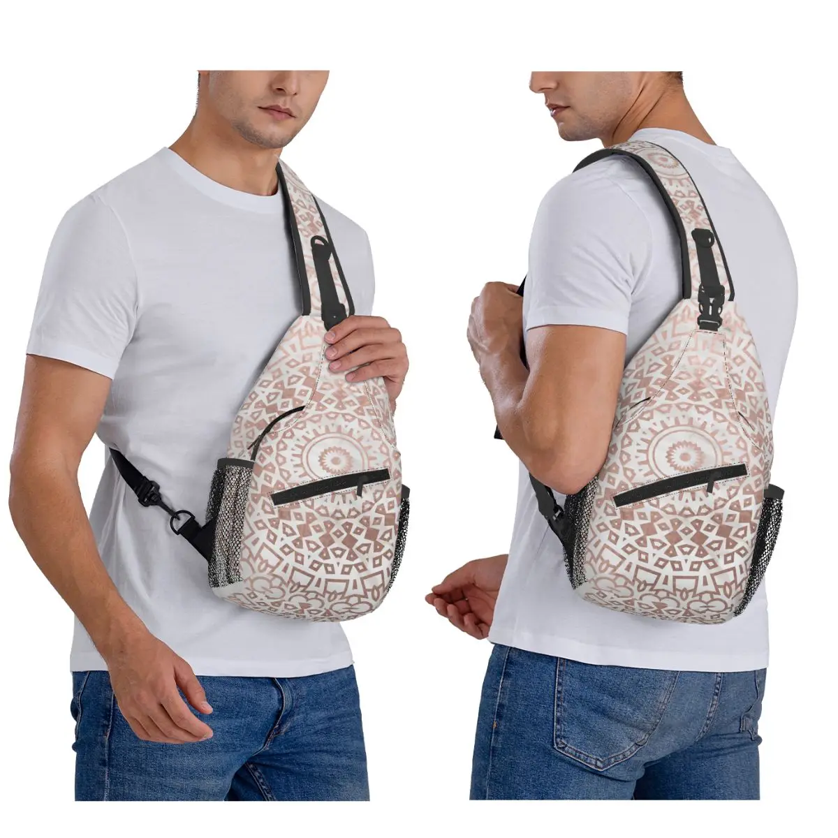 

Marble Mandala Beaded Rose Gold On White Chest Bag Men Sling Crossbody Backpack Chest Bag Traveling Hiking Daypack Shoulder Bag