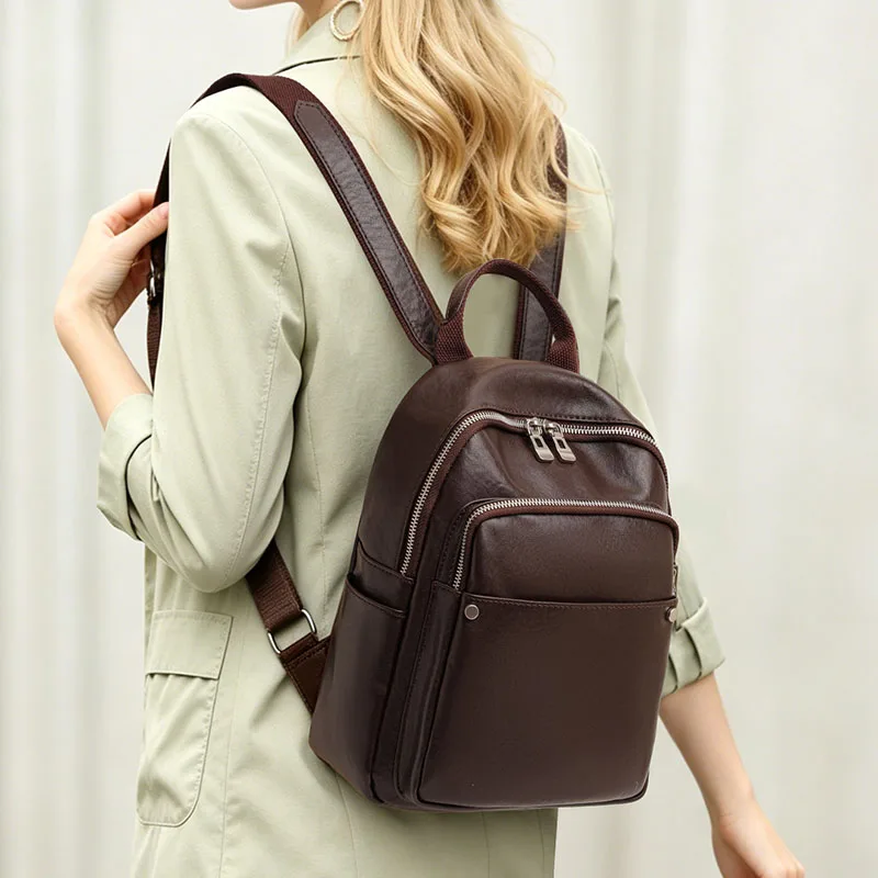 Aidrani Genuine Cowhide Women Mini Backpack,Waxy Leather Anti Theft Shoulder Purse,Multi Pocket Handbag Daily Travel