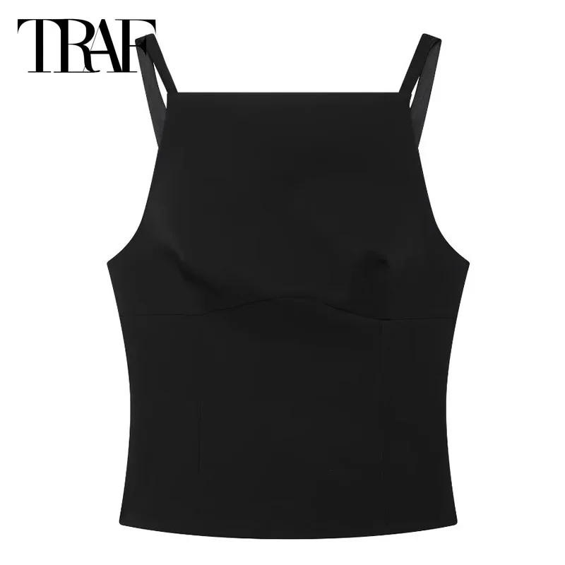 TRAF Women 2024 Velvet Black Vest Tanks & Camis Bow Crop Tank Top Corset Sleeveless Backless Straps Tops Lady Elegant Sexy Vests