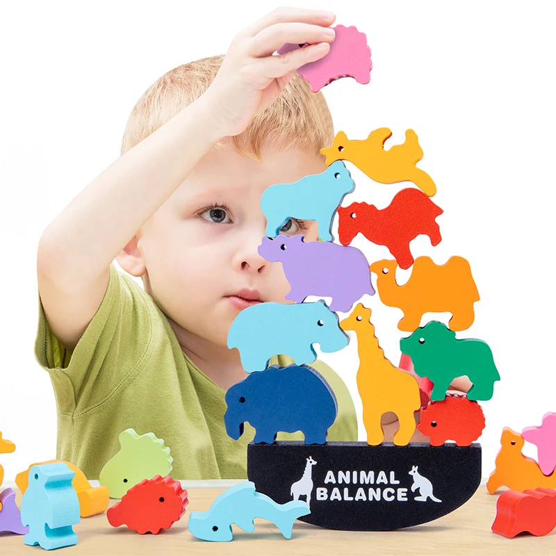Montessori Kinder Holz-Tier-Balancierblöcke Brettspiele Spielzeug Dinosaurier Pädagogisches Stapelspiel Hochbau-Holzspielzeug für Jungen