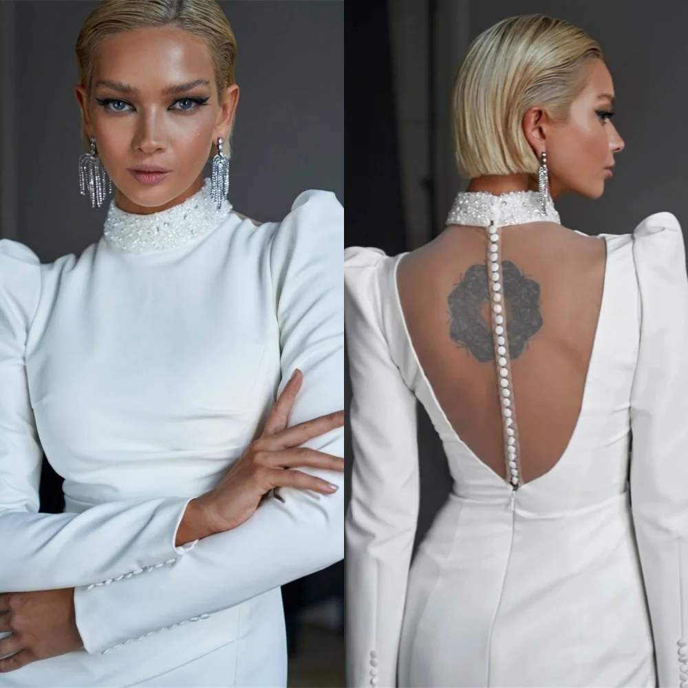 

Customized Formal White Jersey Evening Dresses Exquisite Long Sleeves Homecoming Dresses Temperament Special Occasion Gowns