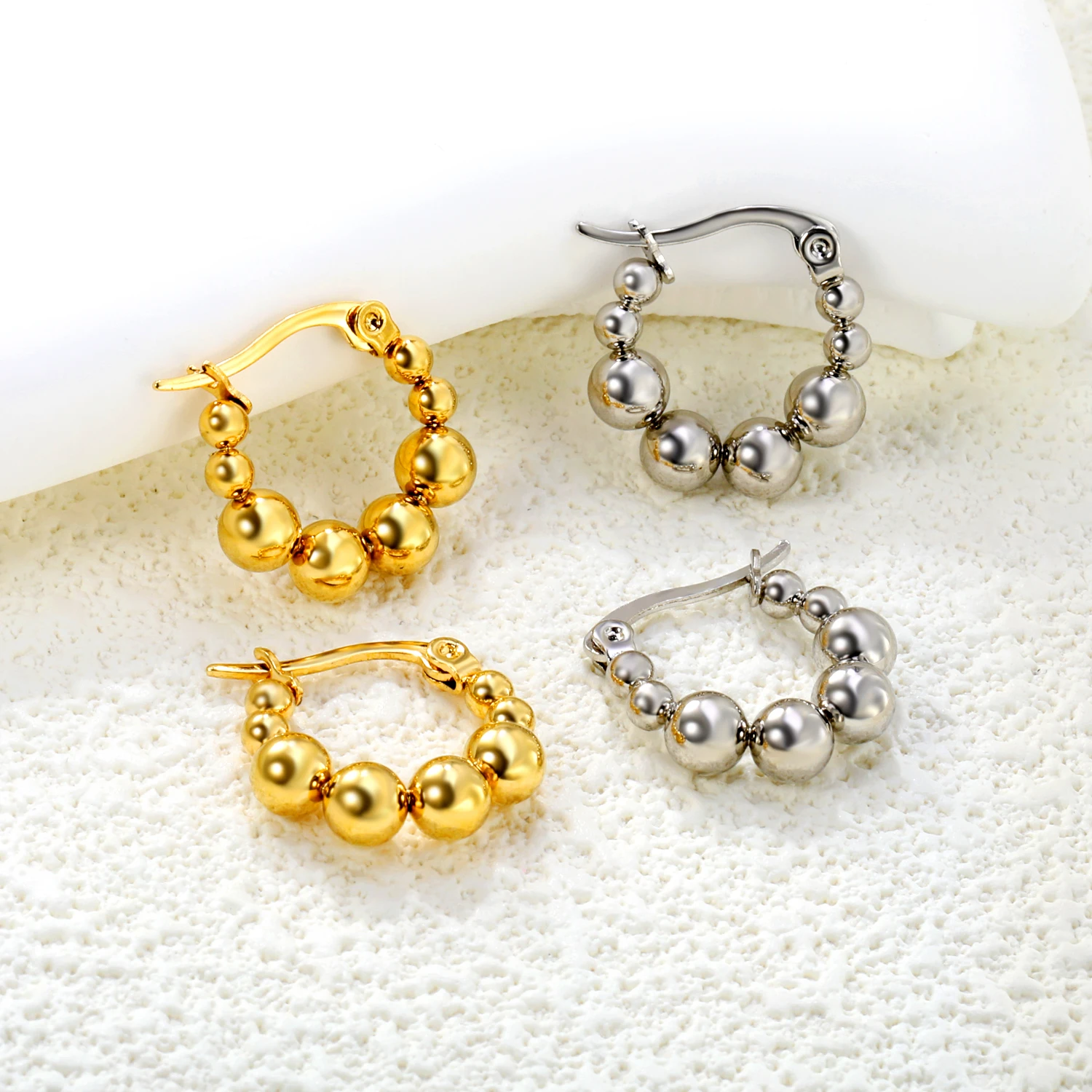 Stainless Steel Gold-plated Large and Small Round Bead Earrings for Women, Fashionable INS Design Elegant Jewelry Vintage Gift