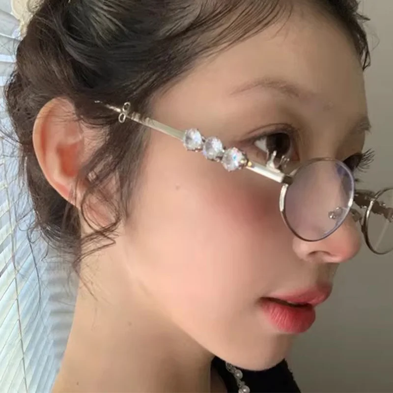 Nova moda pequena armação oval óculos de metal azul luz bloqueando óculos japonês retro strass na moda leitura y2k óculos