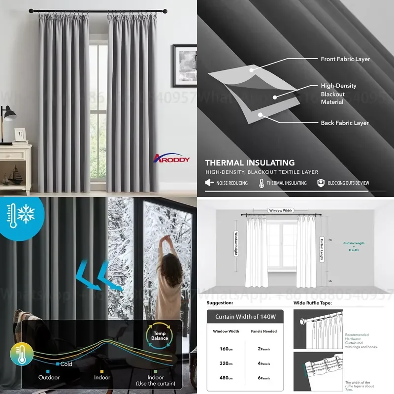 ARODDY Thermal Insulated Blackout Curtains H175*143cm Energy Saving Noise Reducing Living Room Fabric Curtains