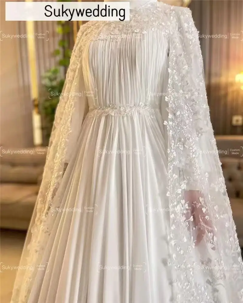 ใหม่มุสลิมชุดแต่งงาน Cape Appliques ลูกไม้แขนยาวชีฟองลูกปัดคอชุดเจ้าสาว Robe De Mariée ที่กําหนดเอง