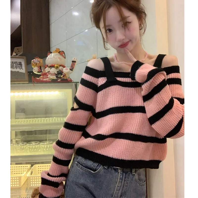 Pink Striped Korean Pullovers Top Spring Autumn New Long Sleeve Off Shoulder Loose Fashion Sweaters Sweet Casual Women Clothing