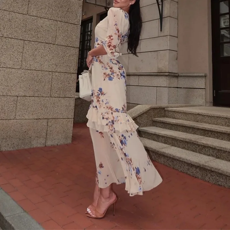 Women Vintage Floral Print Long Dress Summer Elegant Flare Sleeve High Waist Split Slim Fit French Style Casual Party Maxi Dress