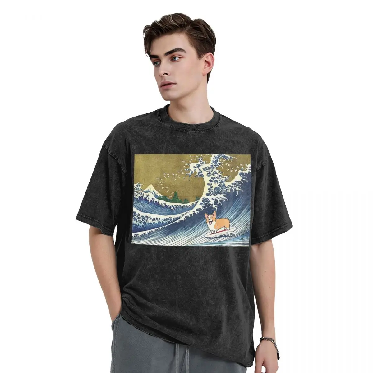 Corgi Dog Surfing The Great Wave Washed T Shirts Vintage Short Sleeve Hip Hop T-Shirt Streetwear Tops Tees for Men Women