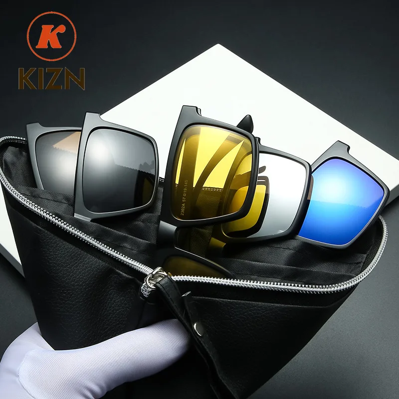 KIZN 스포츠 근시 편광 자석 선글라스 남녀 클립온 안경 사각 광학 안경 6 in 1 안경테 -0.5 ~