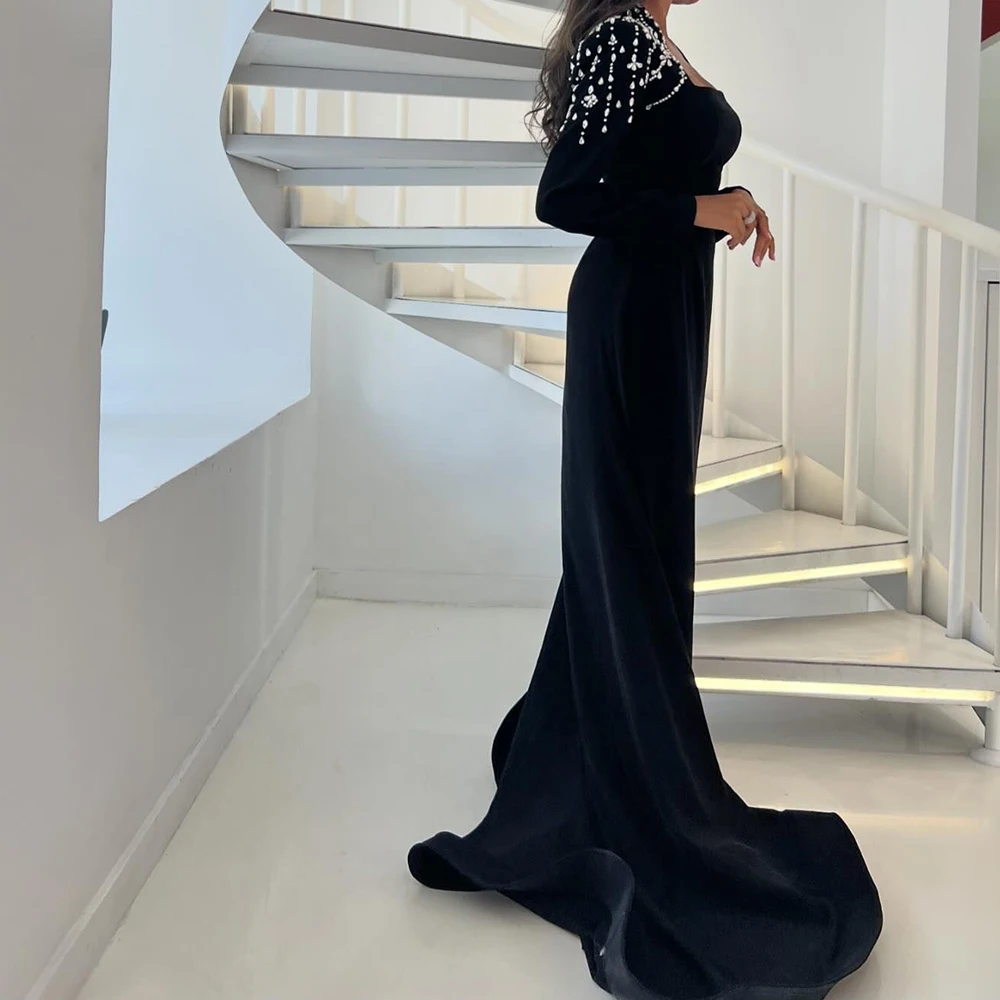 Customized Temperament Crystal Off The Shoulder Jersey Evening Dresses Formal Straight Floor Length Square Neck Long Sleeves