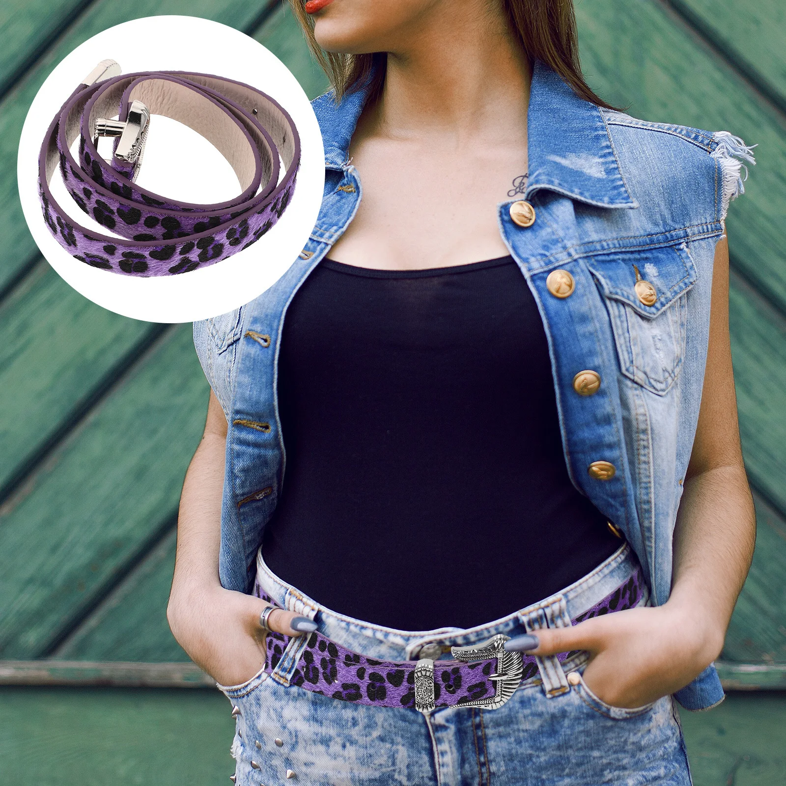 

Leopard Print Belt Vintage Wide Purple Western Buckle Adjustable Fashion Waistband for Jeans Dresses Casual Buckle Belt