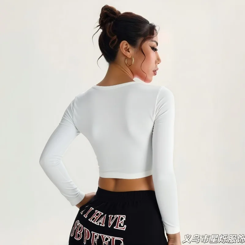 الخريف والشتاء عبر الظهر اليوغا بأكمام طويلة المرأة العميق الخامس الرقبة ضئيلة المناسب لباس خارجي تي شيرت رياضي اللياقة البدنية #3