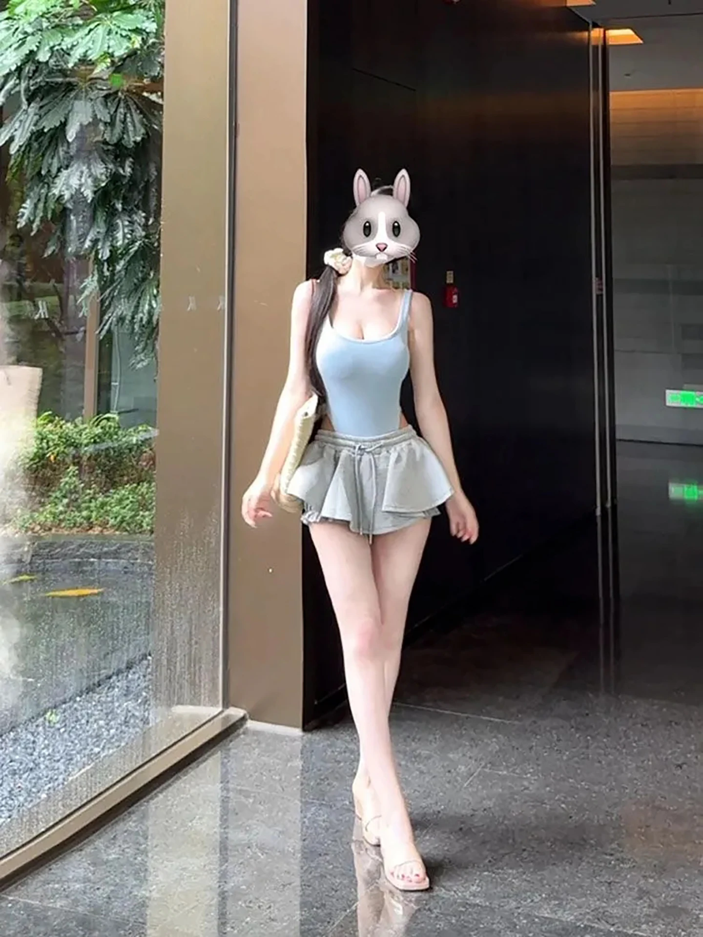

Korean Style Blue Backless Neck Hanging Vest Grey Anti-Light Short Skirt Two-Piece Set Women Summer Spicy Girl Elegant Set