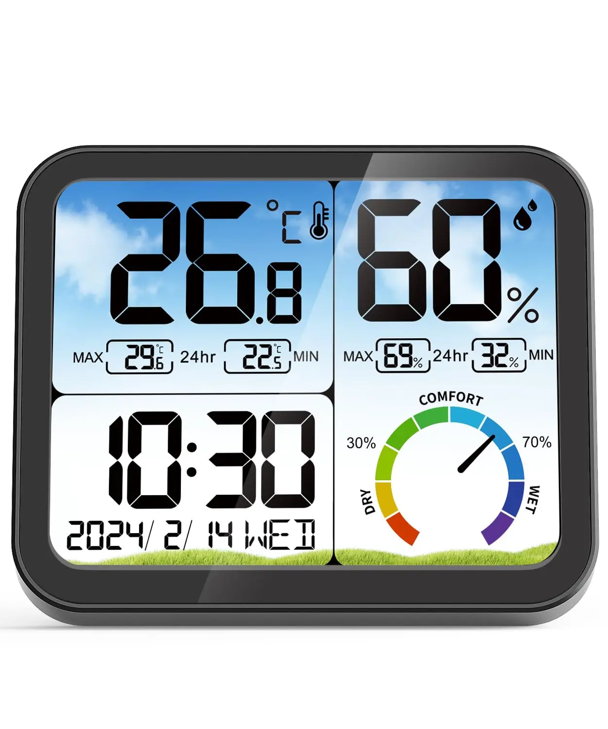Moniteur numérique LCD de la température et de l'humidité, grand écran, intérieur, hygromètre Therye.com, capteur, jauge d'humidité, station météo