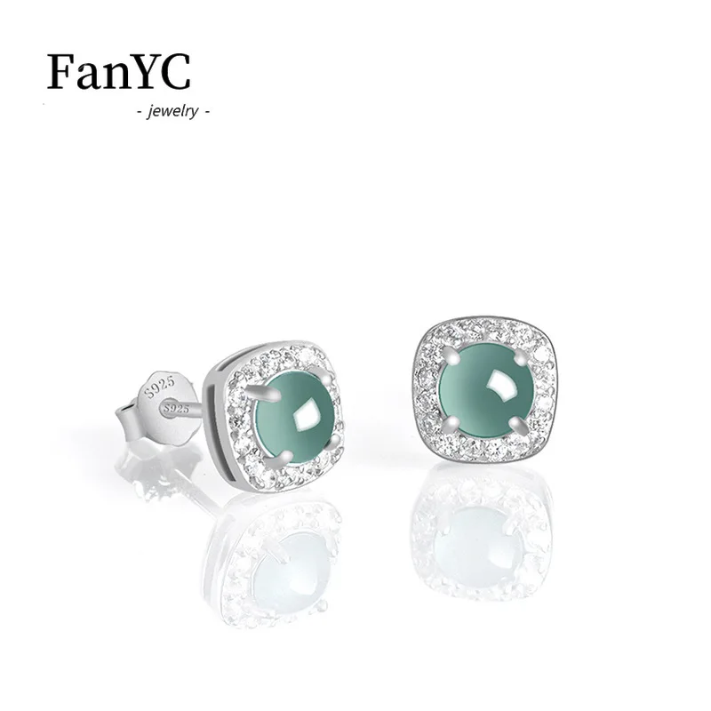 Natural A-goods Jadeite Blue Water Square Earrings S925 Silver Inlaid Fashion High-grade Ice Jade Earrings Female Gift Souvenirs