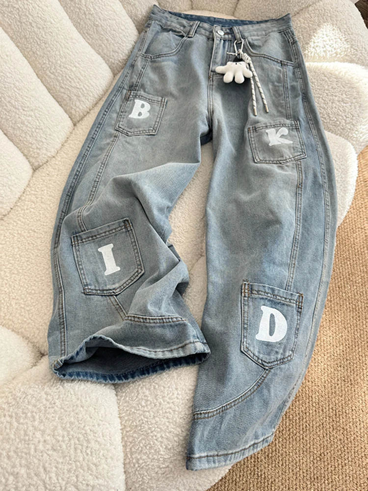 

High Waist Wide Leg Denim Jeans Women's Autumn Faion Chic Waed Multi-ket Design Floor-Length Pants Korean Sle