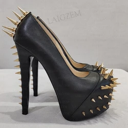 LAIGZEM Women Pumps Rivets Platform Faux Leather Heels Prom Sandals Cosplay Spikes Handmade Shoes Woman Plus Big Size 41 44 46