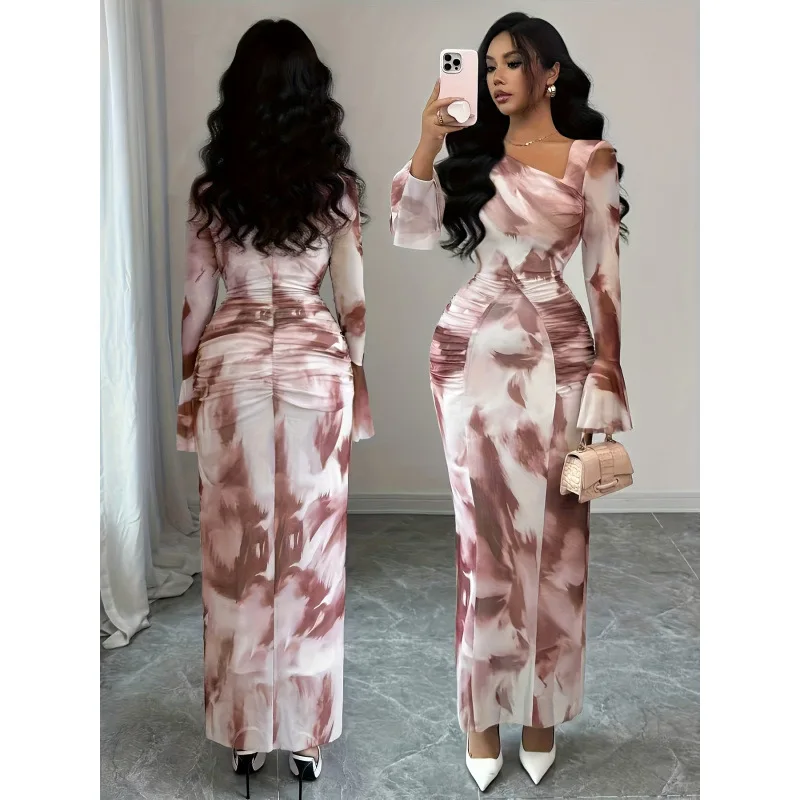 Women's New Autumn Elegant Tie-dye Print Mesh Design Ruched Slim Fit Long Sleeve Dress Women's Casual Dresses Elegant Party Prom