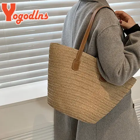 Yogodlns 여름 대용량 밀짚 가방 여성용 니트 밀짚 가방 보헤미아 탑 핸들 가방 여행 토트 백 겨드랑이 가방 bolsa