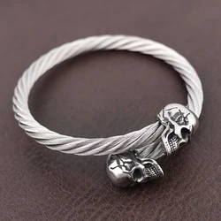 Vintage Double Skull Head Bracelet High Quality Stainless Steel Classic Men Adjustable Skull Bangles Punk Rock Jewelry Wholesale