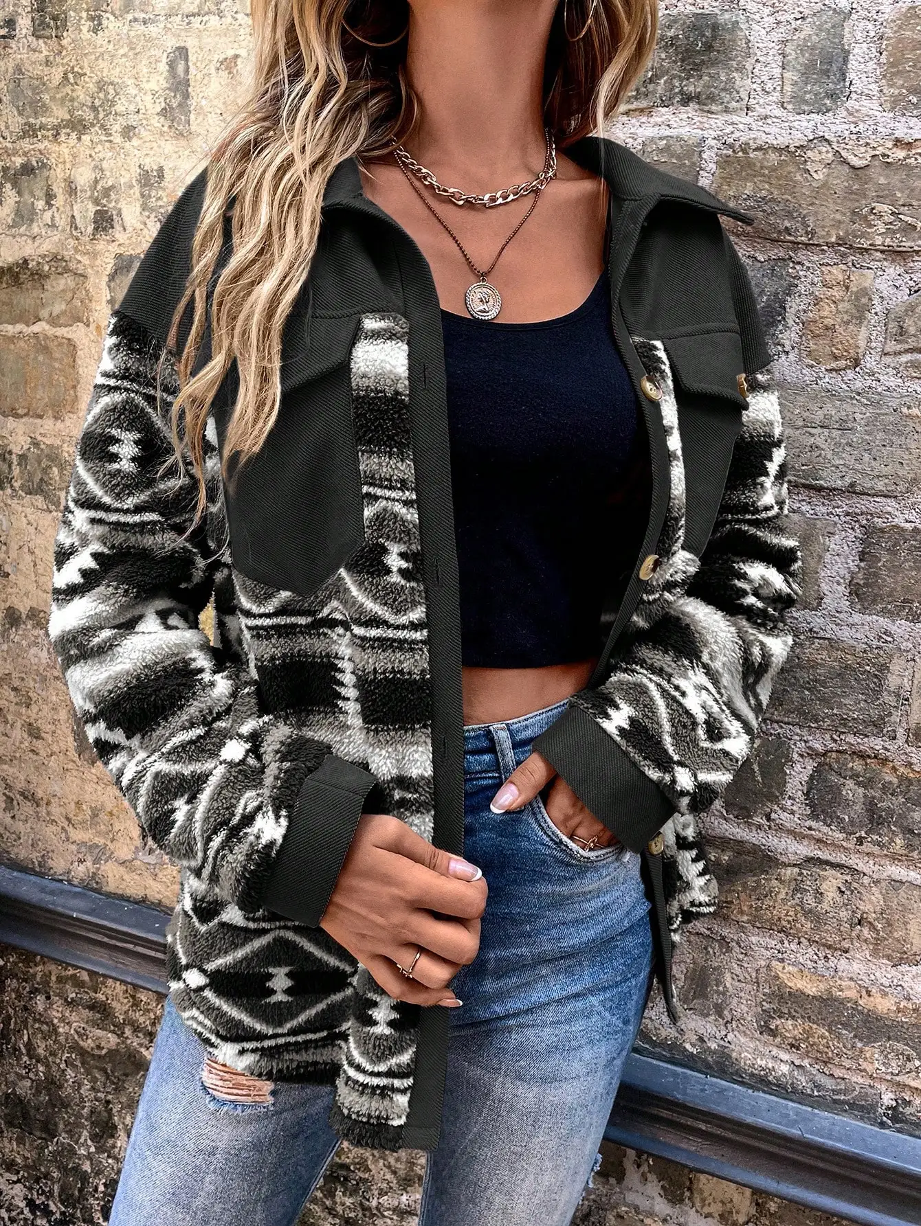 

Женская нечеткая куртка с заниженными плечами и геометрическим принтом для осенне-зимней повседневной уличной одежды