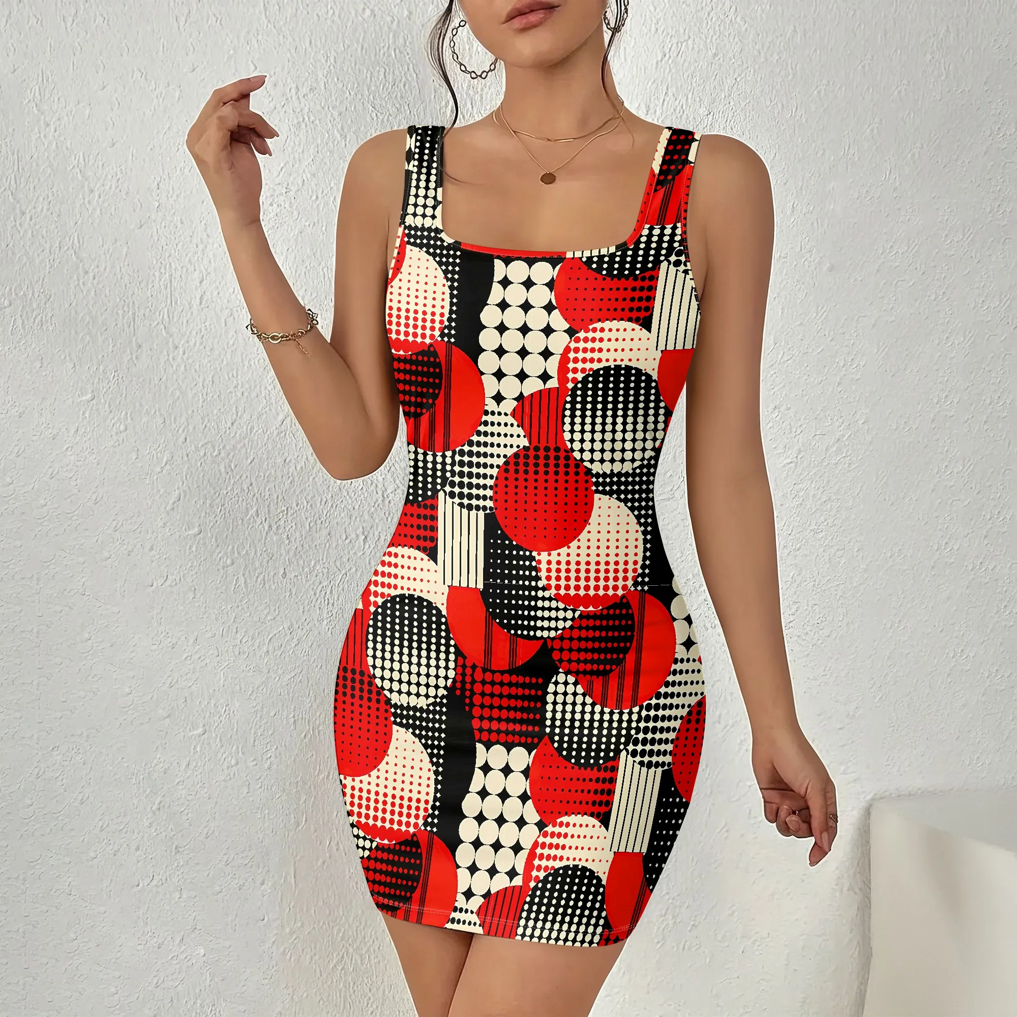 

Retro Geometric Print Dress, Abstract Pattern Bodycon Mini Dress, Sleeveless Summer Party Wear, S-2XL
