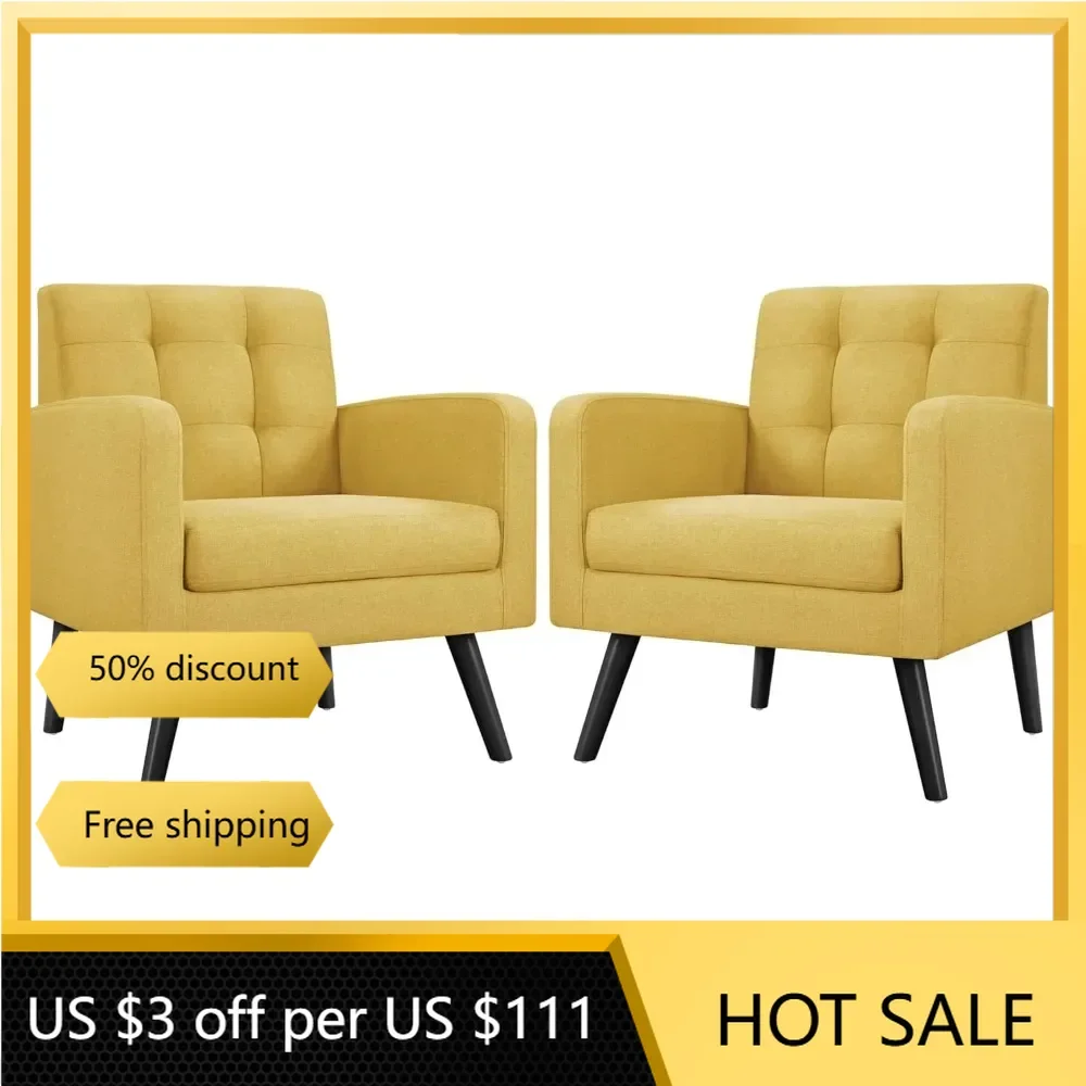 Mid-Century Accent Chairs, Modern Upholstered Living Room Chair, Cozy Armchair Button Tufted Back and Wood Legs Set of 2