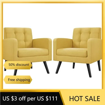 Image Mid-Century Accent Chairs, Modern Upholstered Living Room Chair, Cozy Armchair Button Tufted Back and Wood Legs Set of 2