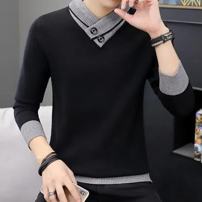 Autumn Winter Men\'s Turtleneck Thick Long Sleeve Sweaters Korean Trend Solid Color Spliced Knitted Pullovers Male Clothes Z517