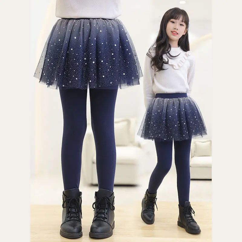 Kid Girls Lace Legging Pants 2024 New Children Autumn Skirt Pants Navy Sequin Legging Dance Clothing Tutu Skirt Pants