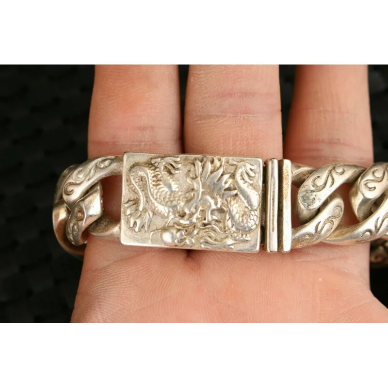 chinese Asian old tibet silver hand cast dragon statue man bracelet jewel gift