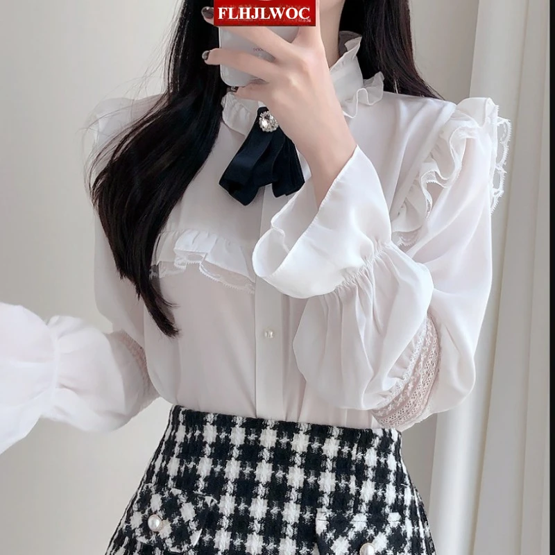 2025 Hot Sales Women's Cute Sweet Girls Vintage White Lace Ruffled Ribbon Tops Hot Sales Button Elegant Formal Shirts Blouses