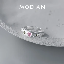 Modian Irregular Trendy Finger Ring 925 Sterling Silver Pink Zirconia Free Size Art Heart Rings For Women Wedding Fine Jewelry